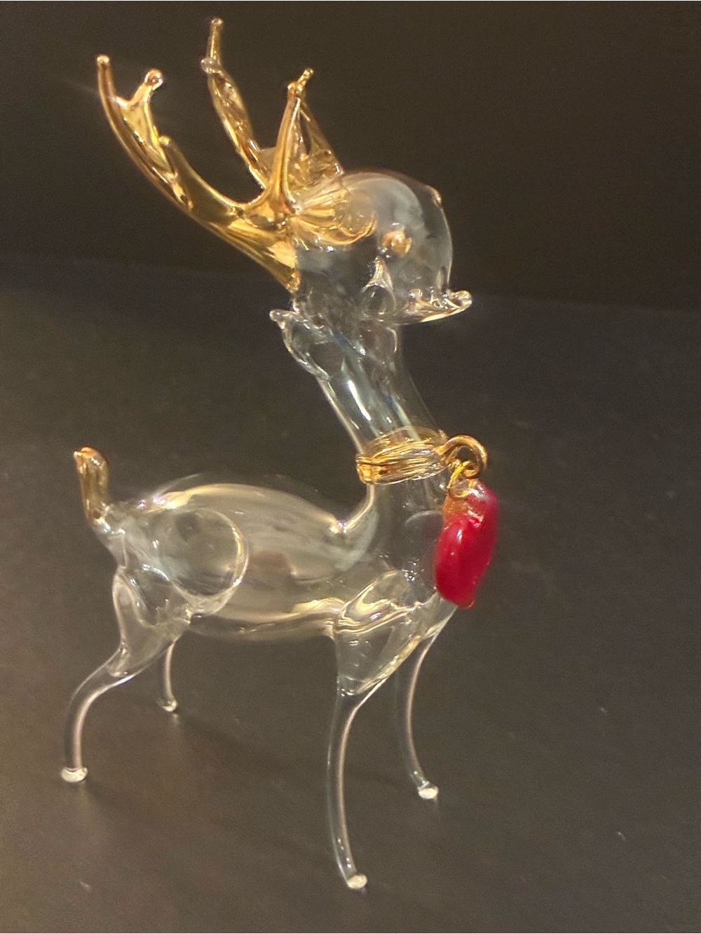 Glass Reindeer Figurine with Gold Antlers and Red Accent - Holiday Home Decor